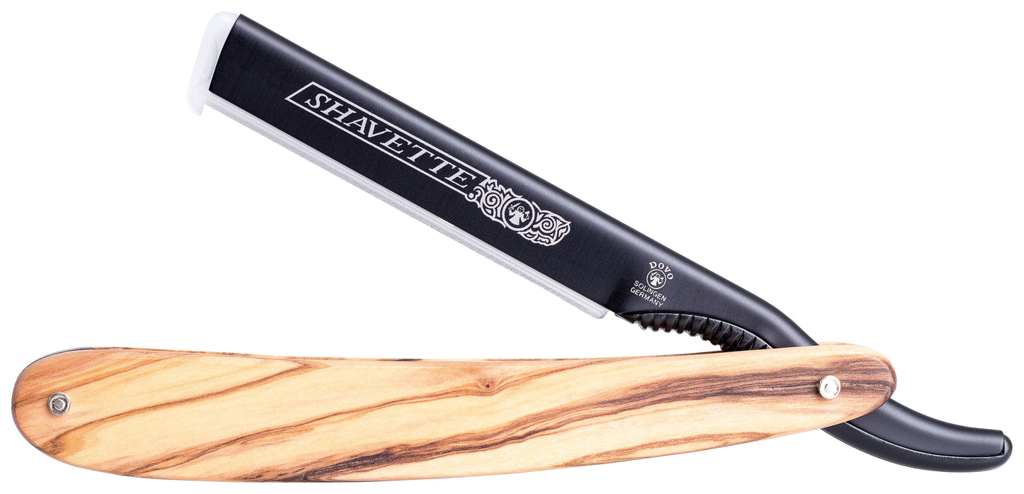 DOVO Shavette Straight Razor – Black Aluminum & Genuine Olive Wood Handle