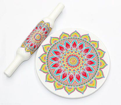 Handcrafted White Marble Roti Maker with Wooden Belan Enamel Prints | Indian Chakla Belan 10 Inch with Diameter