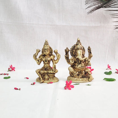 Brass Ganesh & Lakshmi Statue Set – 5” Antique Finish | Handcrafted Home Decor, Festival Display, Auspicious Gifting