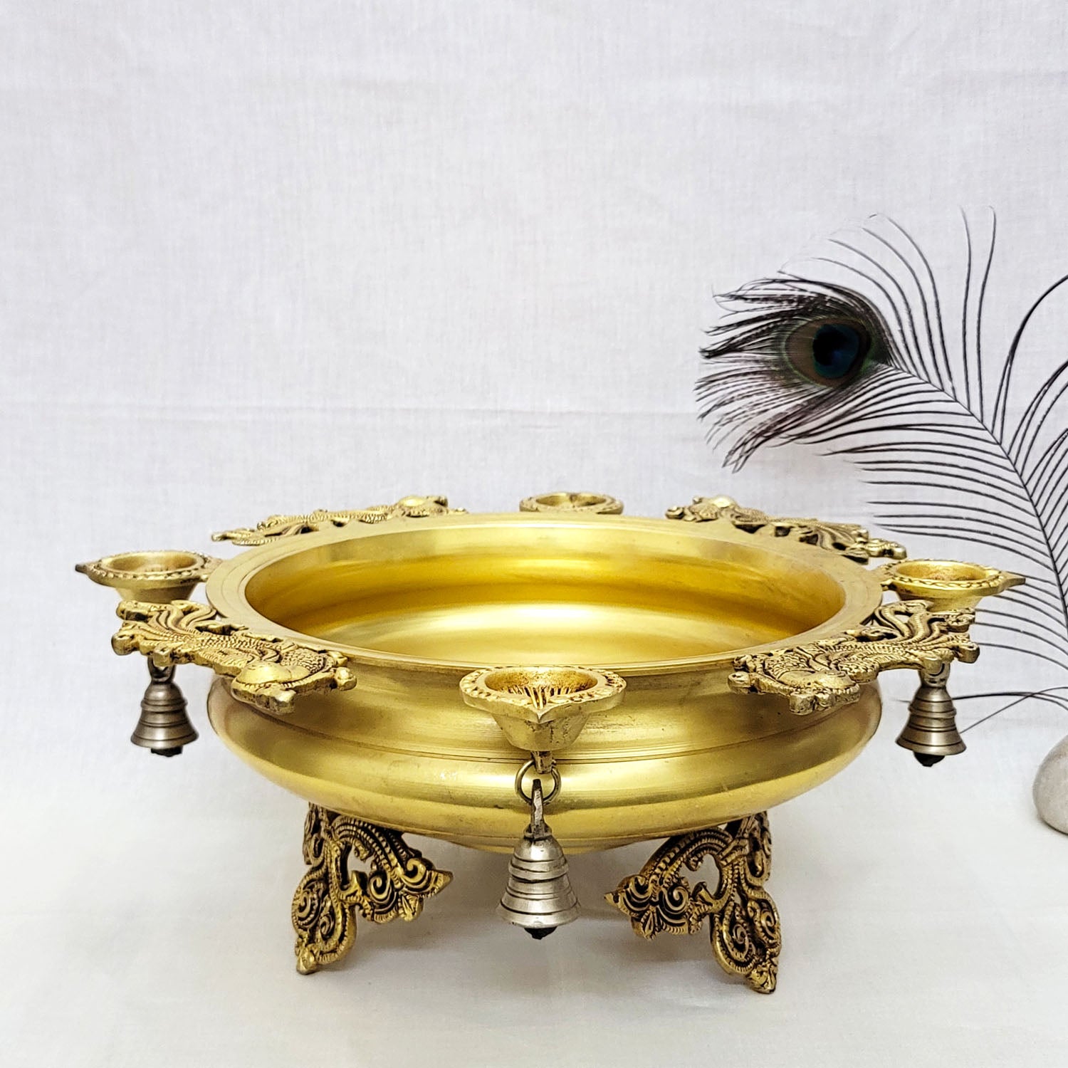 Brass Urli with Bell & Peacock Design - Image 2