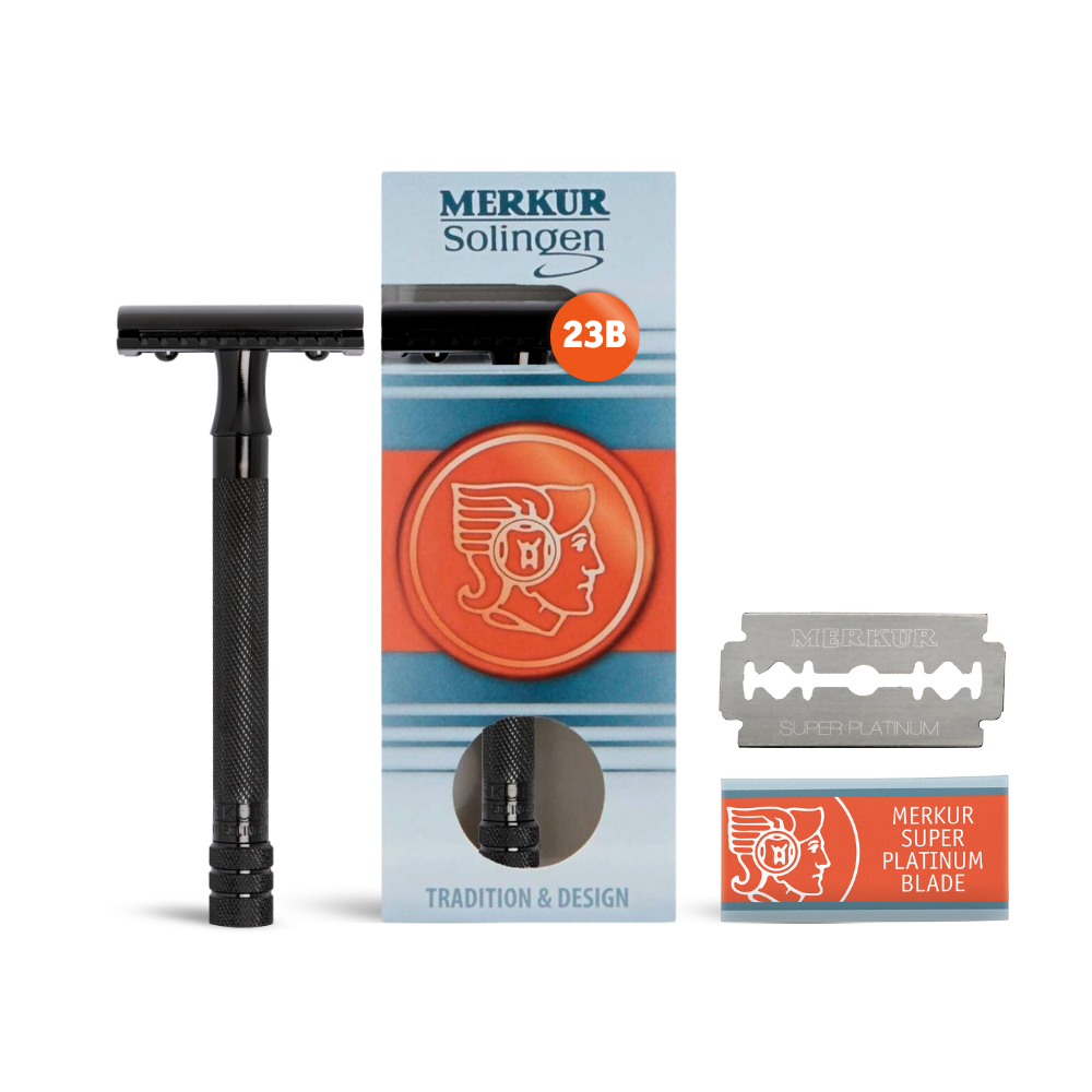 Merkur 23B 3-Piece DE Safety Razor, Closed Comb, Knurled Long Handle, Black - Eco-friendly - Sama Homes
