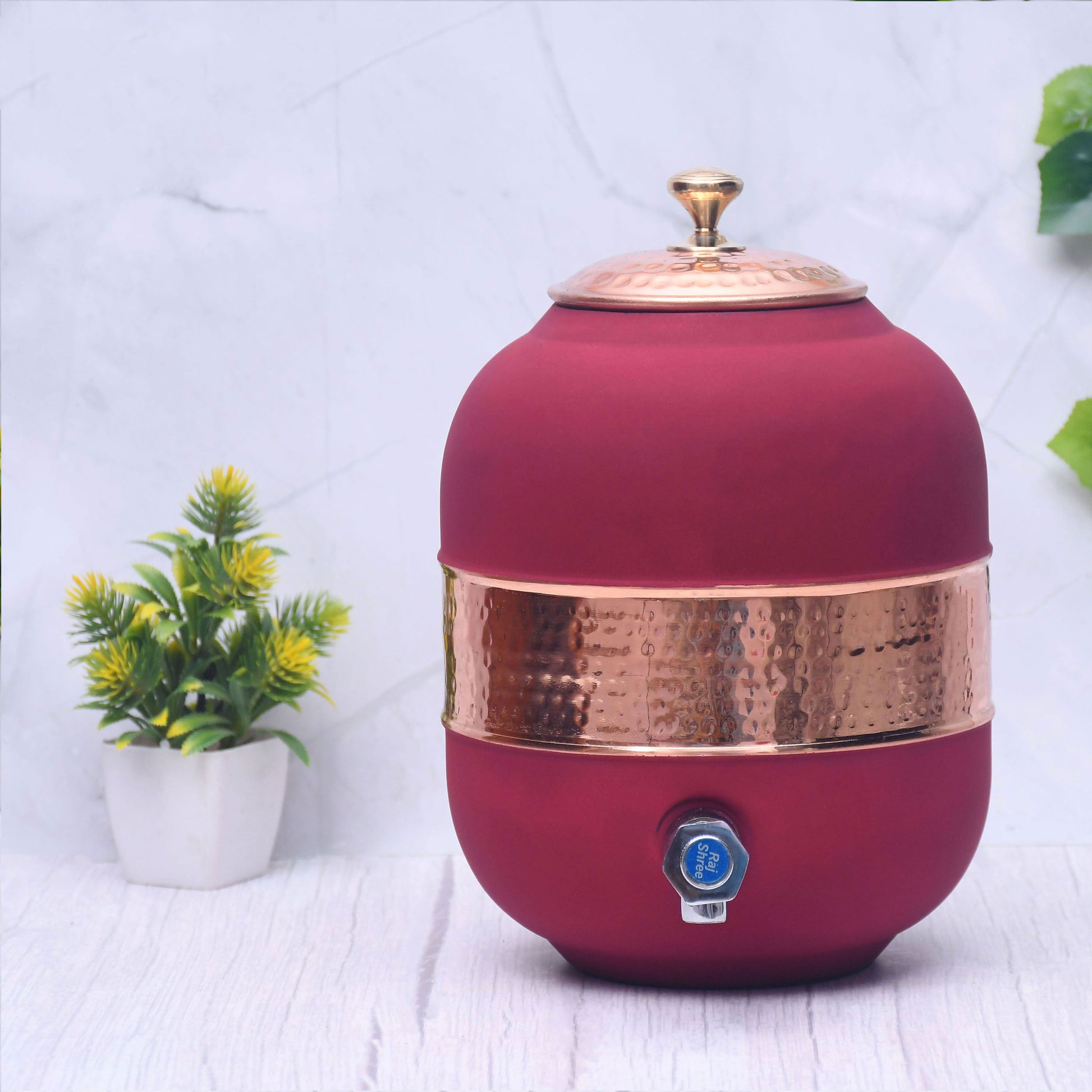 Pure Copper Water Dispenser with Silk Finish and Half Hammered Design 5 & 8 Liter | Colours Available - Red, Blue, Green, Yellow, Black, Gray - Sama Homes