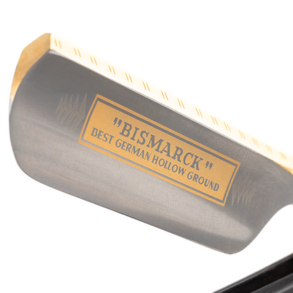 Dovo Straight Razor, "Bismarck" 6/8", Carbon Steel, Full Hollow Grind, Ebony Black Handle with Gold Color by Dovo - Straight Razor (View 2)