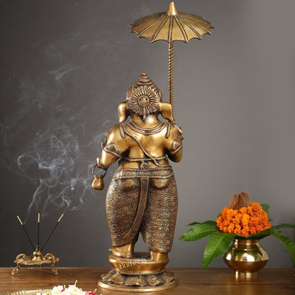 Sama Homes-29 inch standing lord ganesha statue with umbrella burnt brass finish