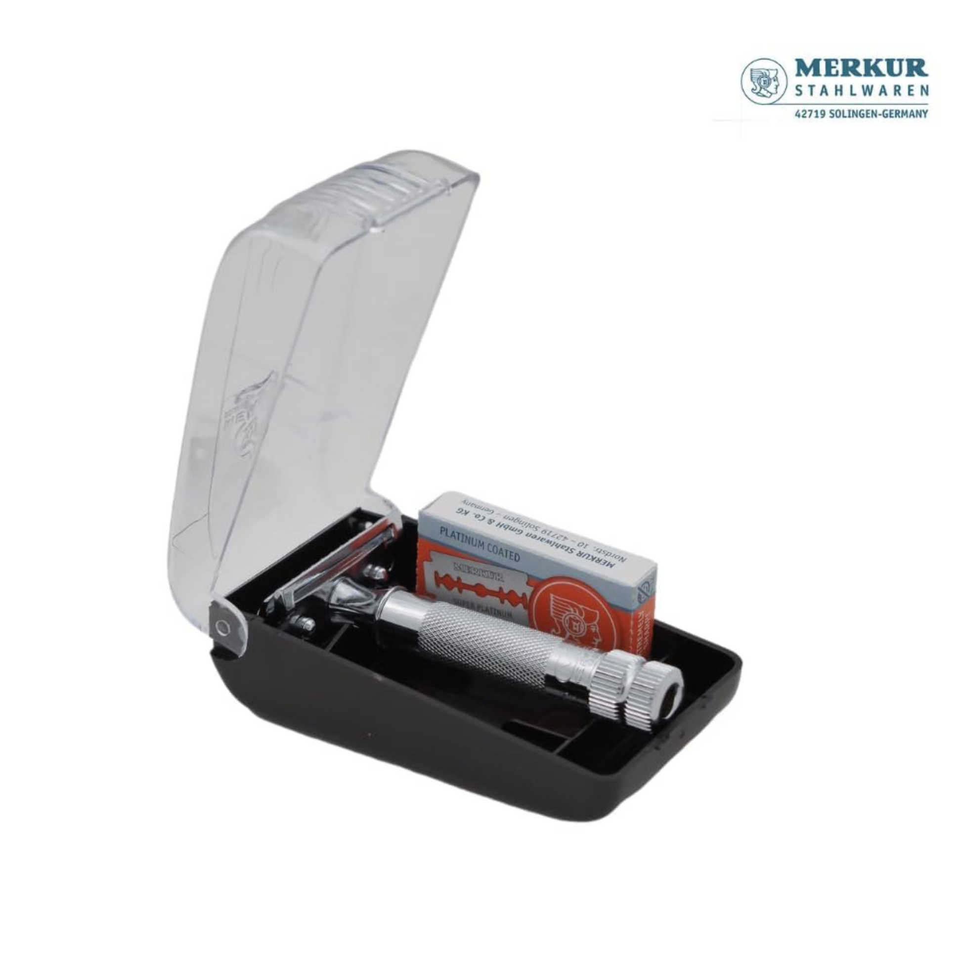 Merkur 34C 2-Piece DE Safety Razor, Closed Comb, Knurled Extra Thick Handle (HD), Chrome, in Hard Plastic Case with 10 Blades - Image 3
