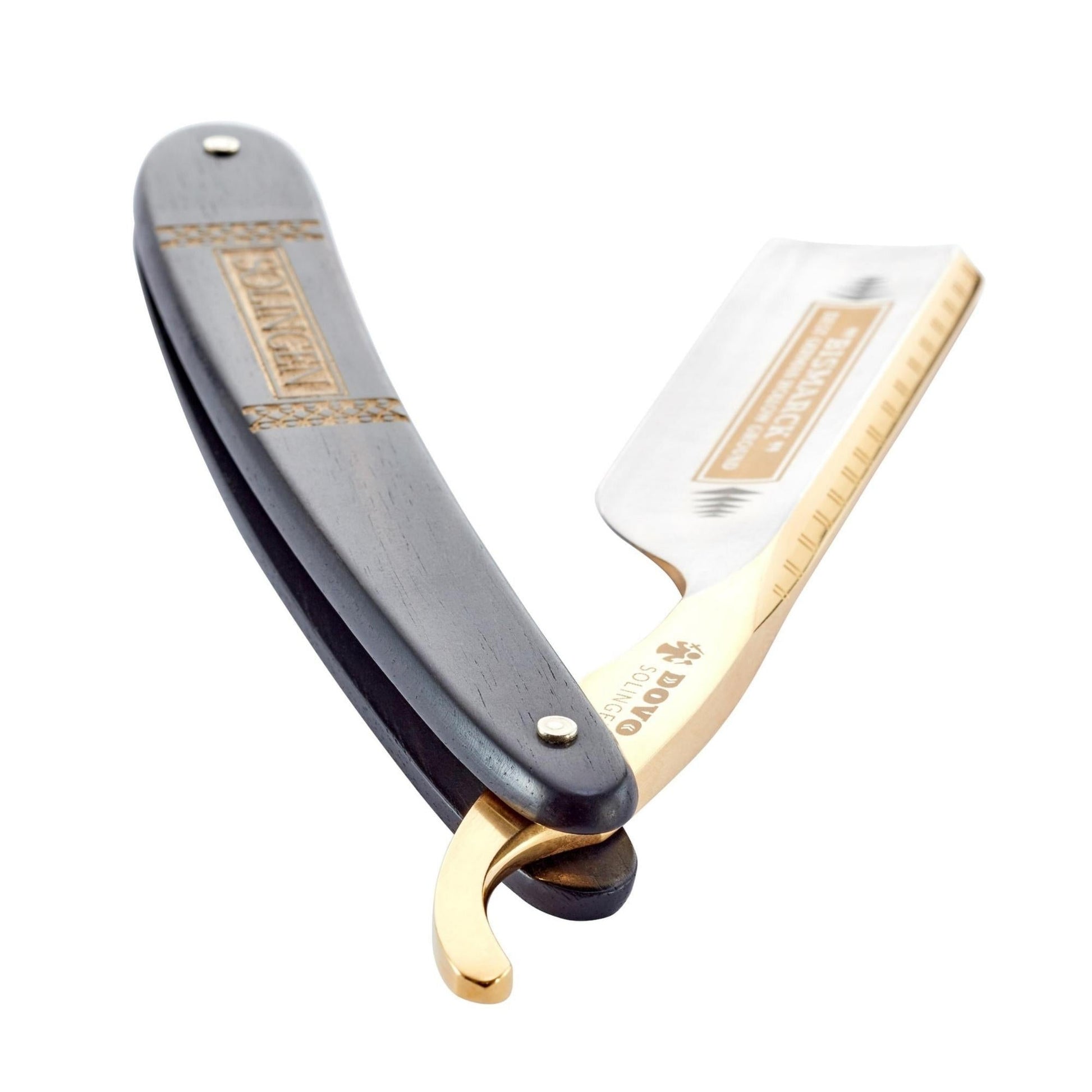 Dovo Straight Razor, "Bismarck" 6/8", Carbon Steel, Full Hollow Grind, Ebony Black Handle with Gold Color - Image 4