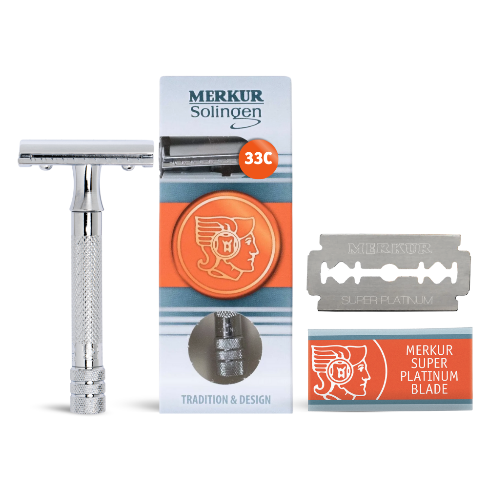 Merkur 33C 3-Piece DE Safety Razor, Closed Comb, Knurled Standard Handle, Chrome - Eco-friendly - Sama Homes