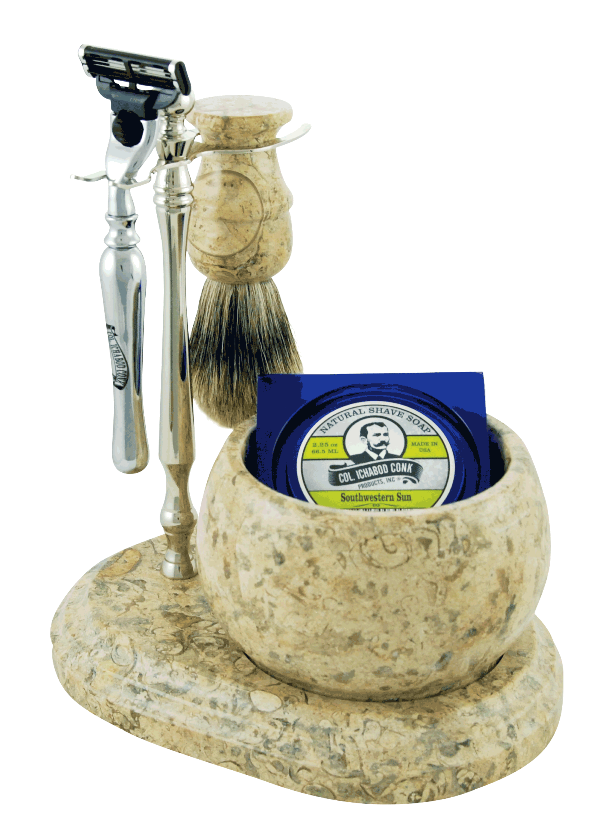 Chrome & Fossil Safety Razor + Shave Brush Stand with Base and Fossil Bowl - Eco-friendly - Sama Homes