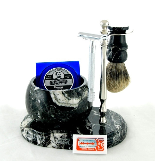 Chrome & Marble Safety Razor + Shave Brush Stand with Base and Marble Bowl - Eco-friendly - Sama Homes