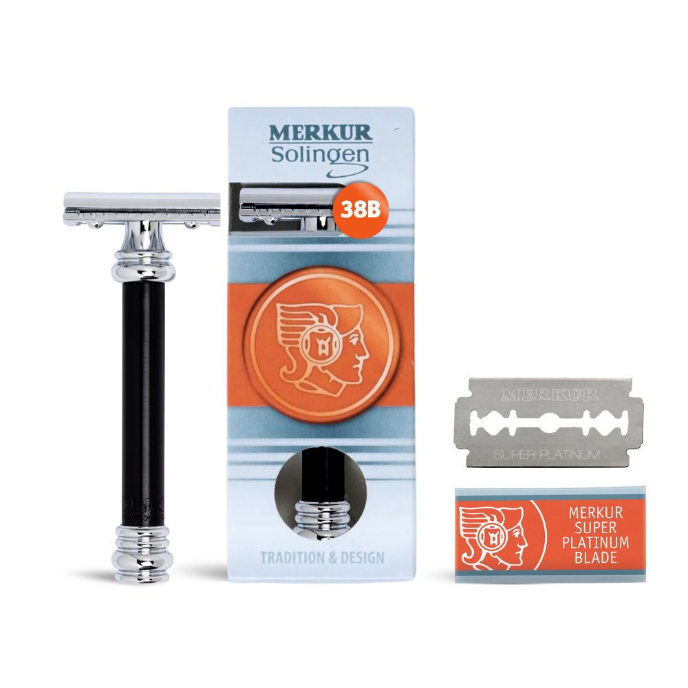 Merkur 38B 2-Piece DE Safety Razor, Closed Comb, Barberpole Long Heavy Handle, Black - Eco-friendly - Sama Homes