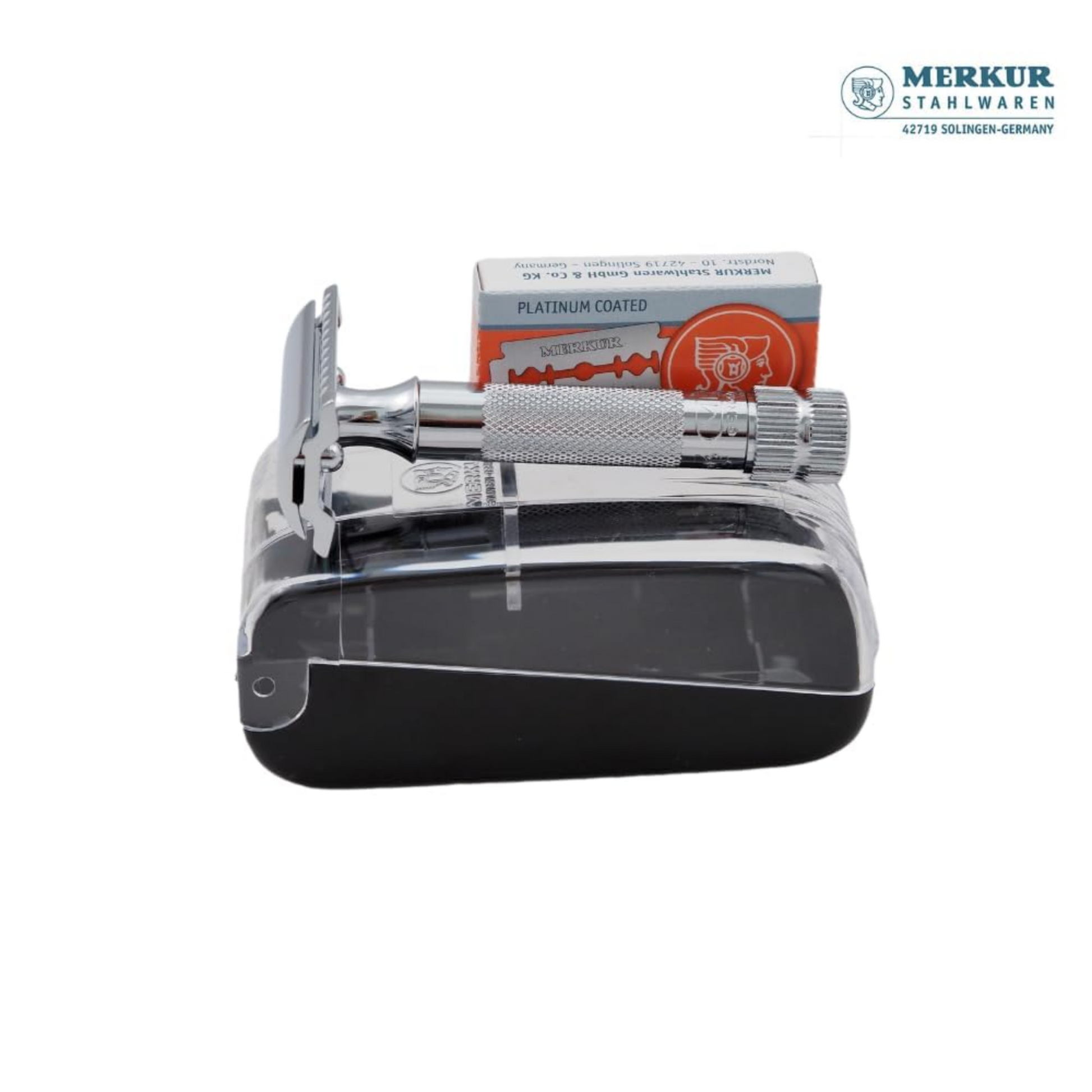 Merkur 34C 2-Piece DE Safety Razor, Closed Comb, Knurled Extra Thick Handle (HD), Chrome, in Hard Plastic Case with 10 Blades - Image 4