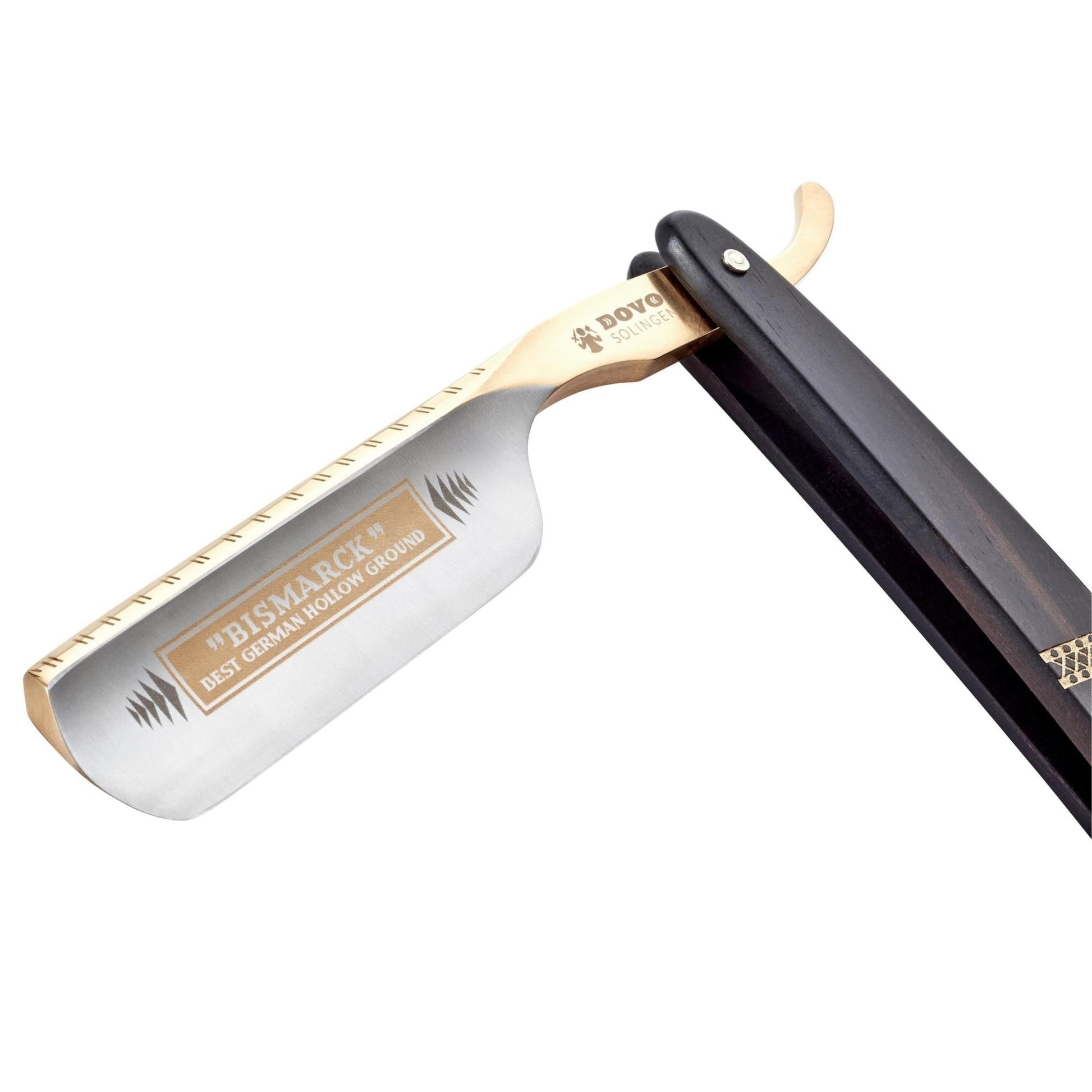 Dovo Straight Razor, "Bismarck" 6/8", Carbon Steel, Full Hollow Grind, Ebony Black Handle with Gold Color - Image 5