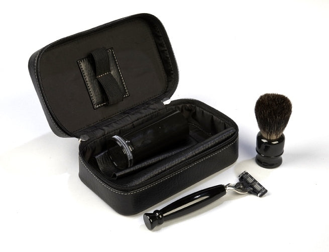 Mach 3 Shave Kit with Mach 3 Black Handle Razor, Badger Black Handle Shave Brush and Leather Case - Eco-friendly - Sama Homes