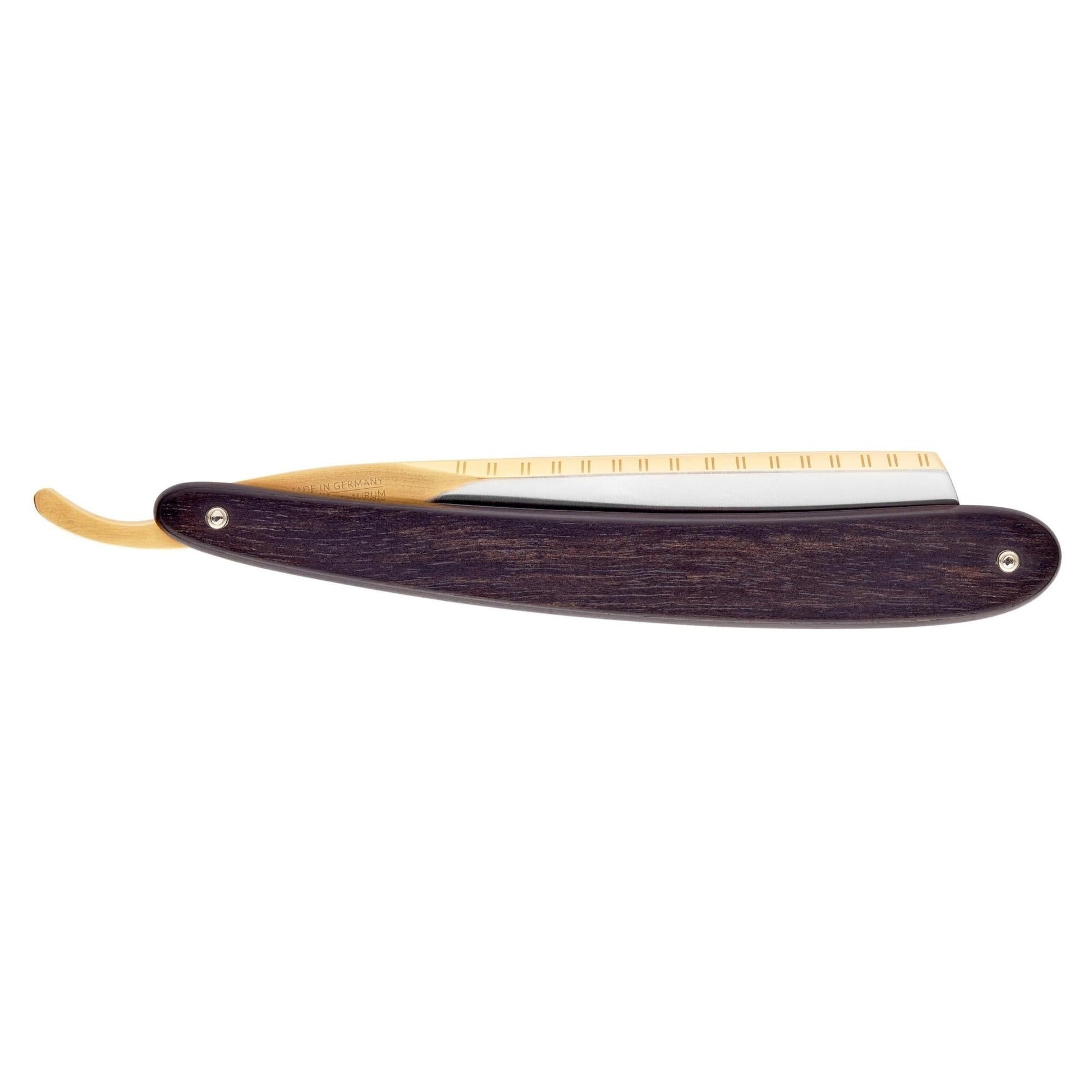 Dovo Straight Razor, "Bismarck" 6/8", Carbon Steel, Full Hollow Grind, Ebony Black Handle with Gold Color - Image 6