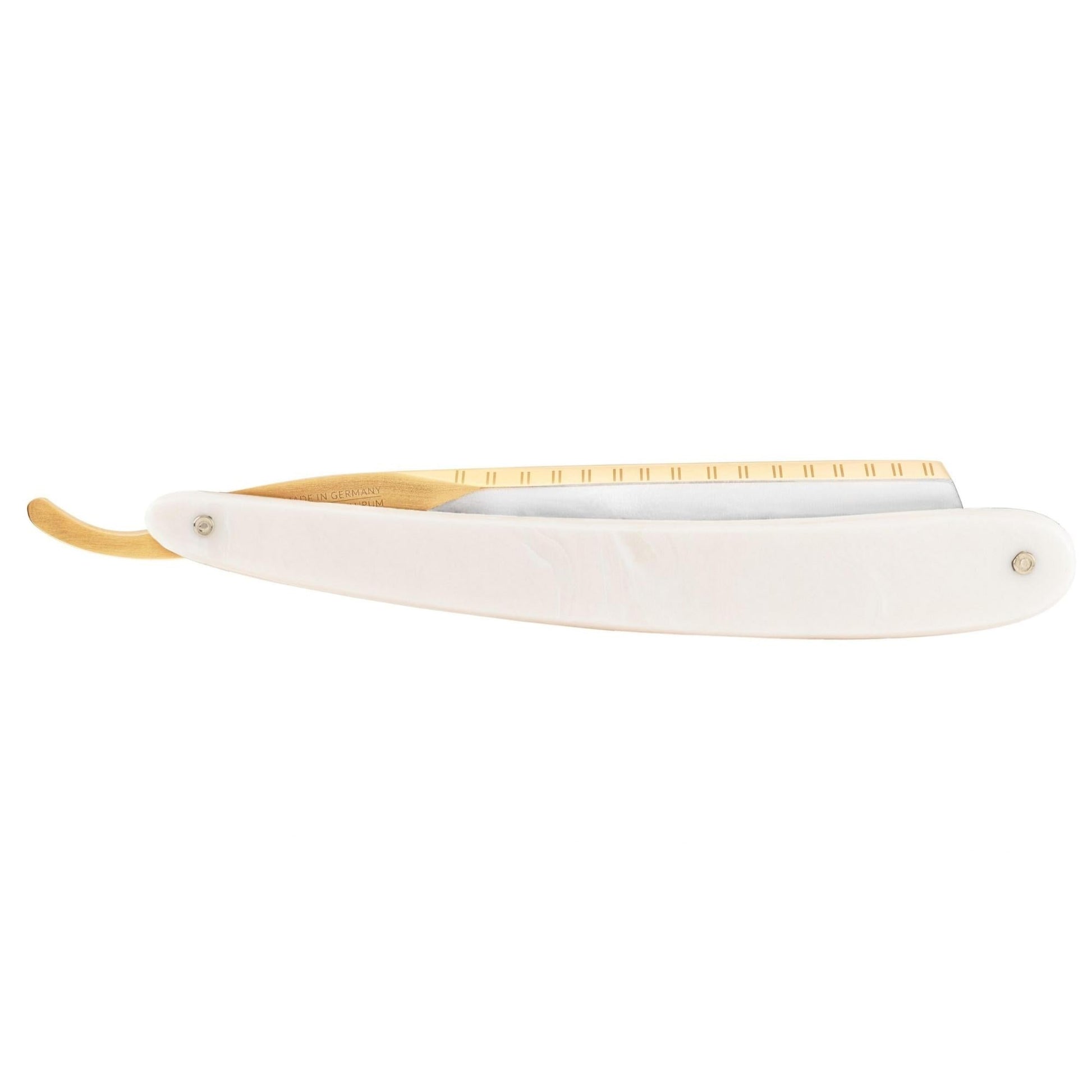 Dovo Straight Razor, "Bismarck" 6/8", Carbon Steel, Full Hollow Grind, Acrylic Pearl Handle - Image 5