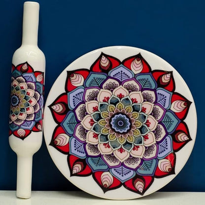 Handcrafted White Marble Roti Maker with Wooden Belan Enamel Prints | Indian Chakla Belan 10 Inch with Diameter