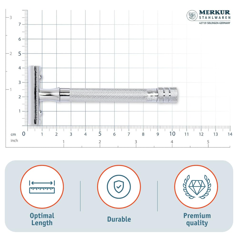 Merkur 23C 3-Piece DE Safety Razor, Closed Comb, Knurled Extra Long Handle, Chrome - Image 4