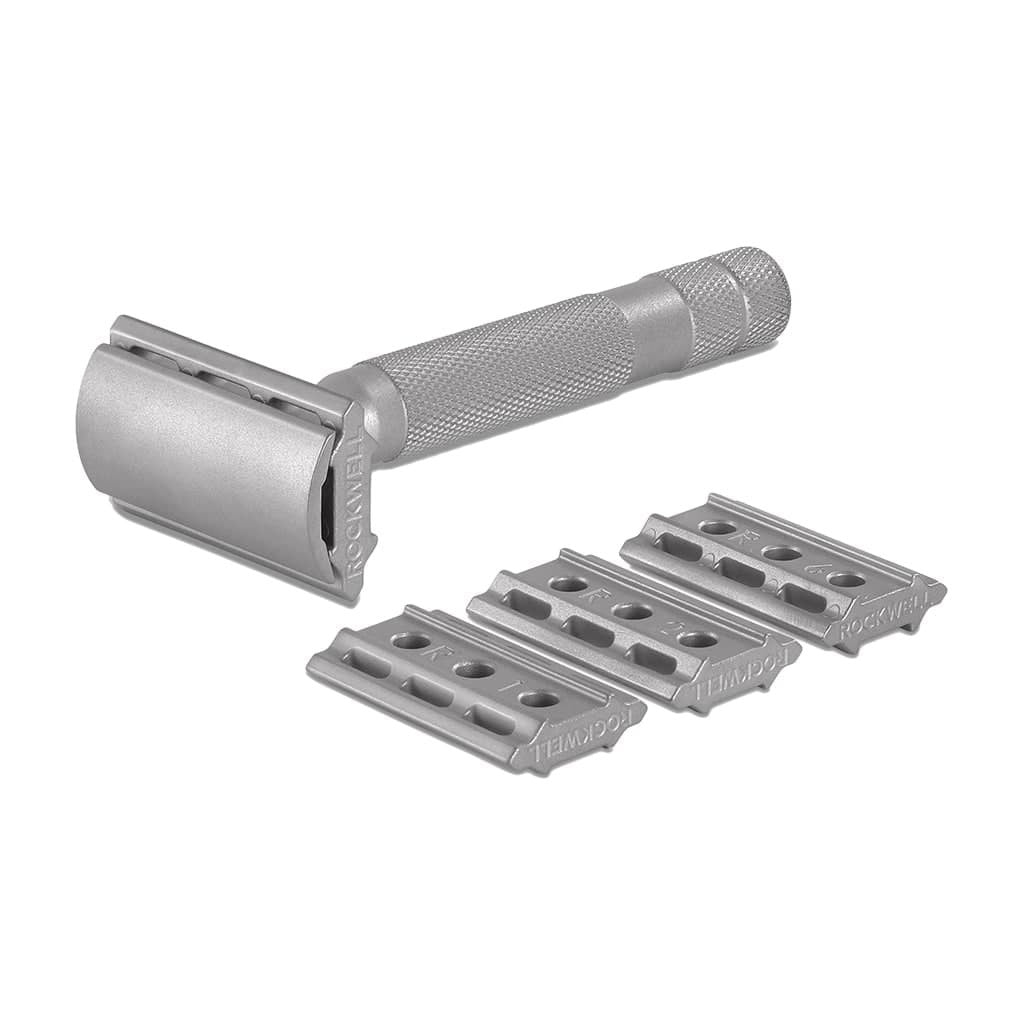 Silver safety razor with three razor heads on a white background - Image 3