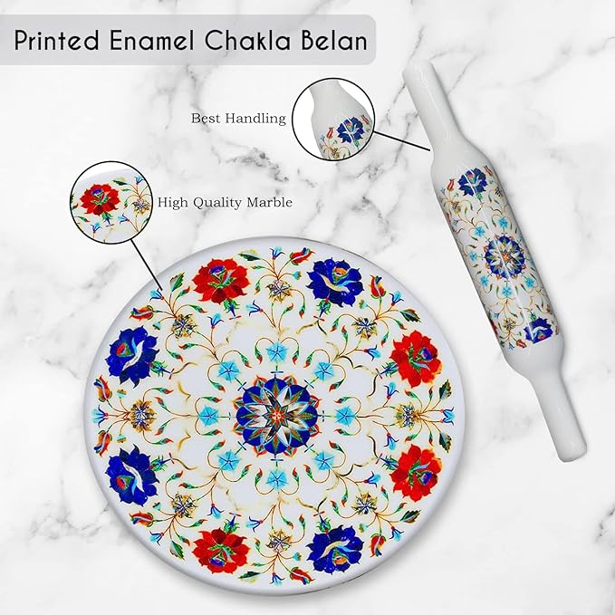 Handcrafted White Marble Roti Maker with Wooden Belan Enamel Prints | Indian Chakla Belan 10 Inch with Diameter - Image 2