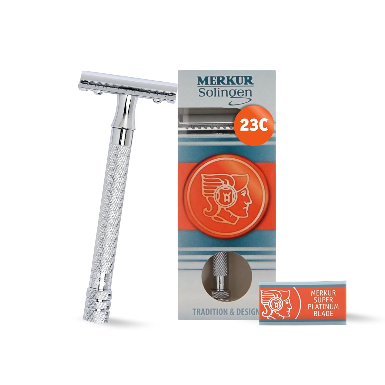 Merkur 23C 3-Piece DE Safety Razor, Closed Comb, Knurled Extra Long Handle, Chrome - Eco-friendly - Sama Homes