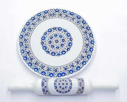 Handcrafted White Marble Roti Maker with Wooden Belan Enamel Prints | Indian Chakla Belan 10 Inch with Diameter