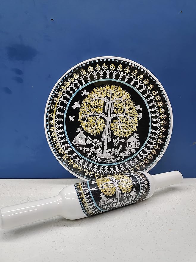 Handcrafted White Marble Roti Maker with Wooden Belan Enamel Prints | Indian Chakla Belan 10 Inch with Diameter - Image 4
