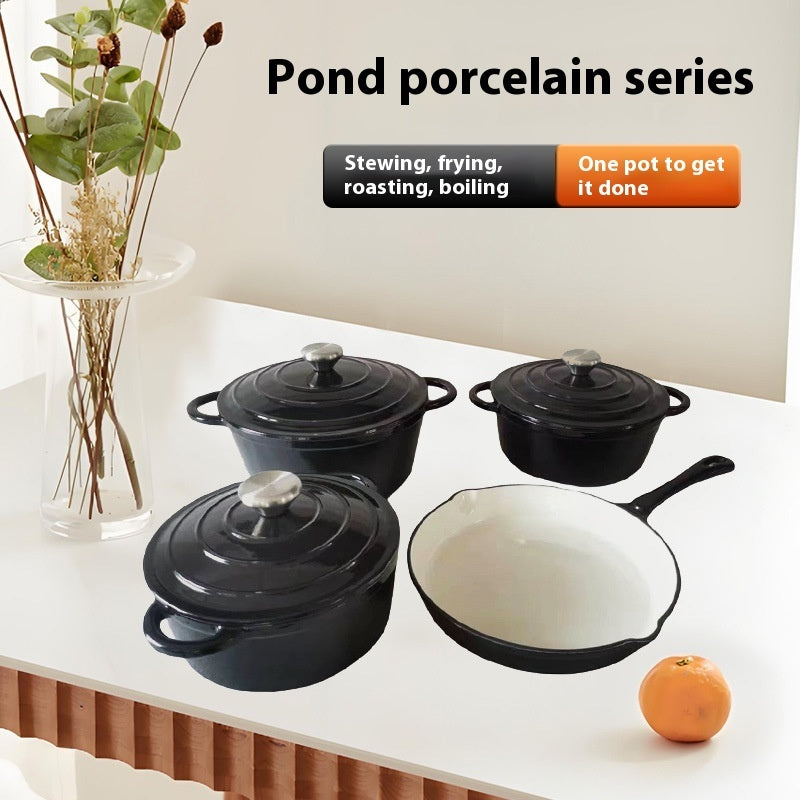 Inner White Enameled Cast-iron Cookware Household Enamel Soup Deep Stew Casserole Four-piece Set - Image 3