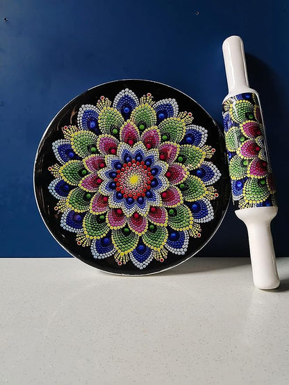 Handcrafted White Marble Roti Maker with Wooden Belan Enamel Prints | Indian Chakla Belan 10 Inch with Diameter