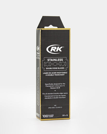 Box of RK stainless double edge blades on a white background