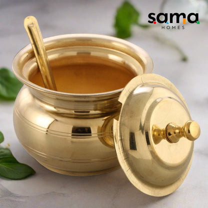Brass Ghee Pot with spoon and Lid | 250 ML Capacity | 4 Inches | Traditional Utensil - Sama Homes