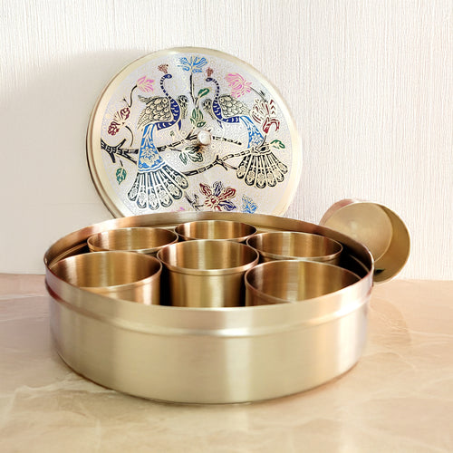 Handcrafted Brass Masala Dabba (Spice Box) – Etched Peacock Design, 7-Compartment, Available in 7” & 9”