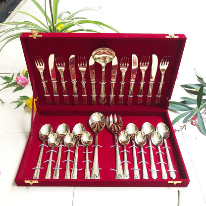 27-Piece Handcrafted Brass Cutlery Set | Premium Traditional Brass Flatware for Elegant Dining | Sustainable & Antique Finish Utensils - Sama Homes