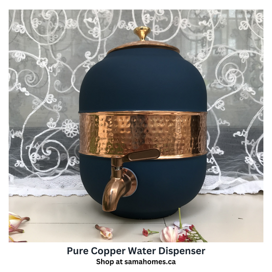 Pure Copper Water Dispenser with Silk Finish and Half Hammered Design 5 & 8 Liter | Colours Available - Red, Blue, Green, Yellow, Black, Gray - Sama Homes