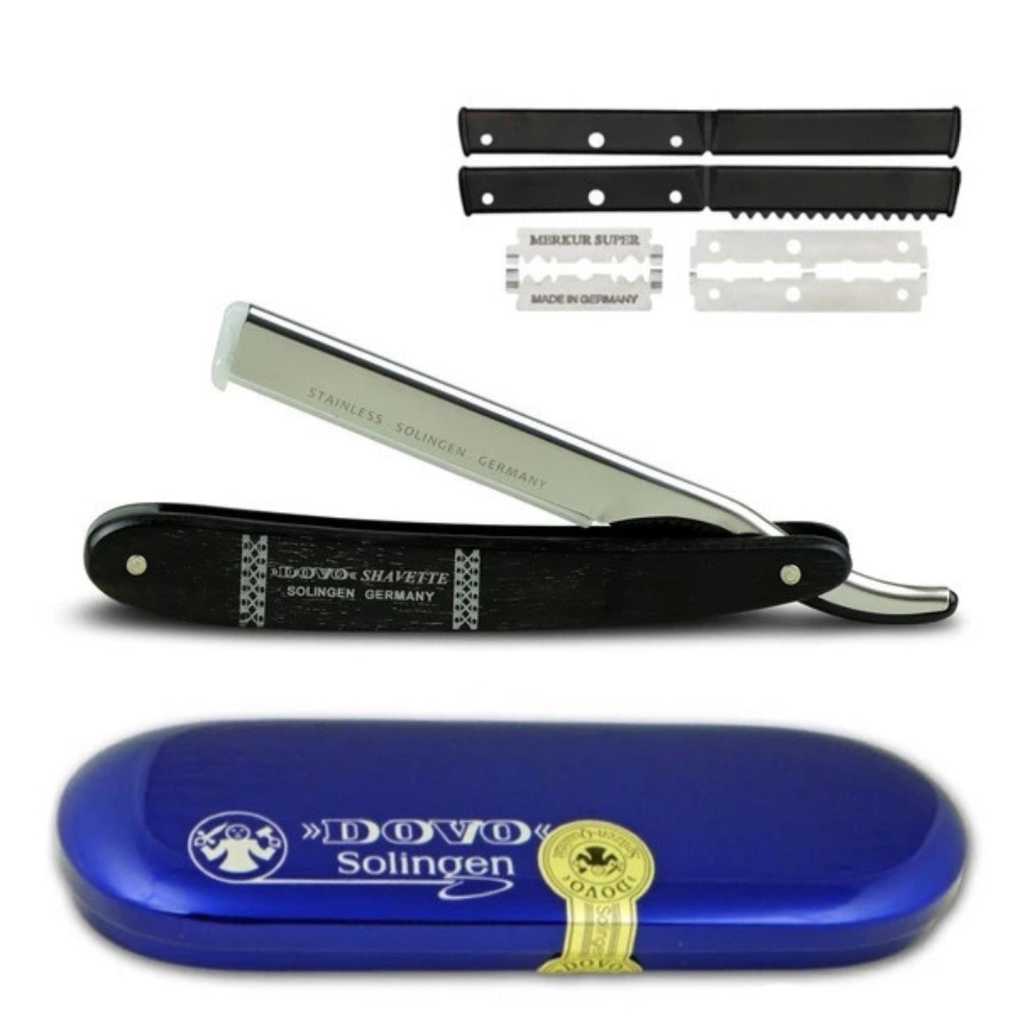 Dovo Shavette, Stainless Steel with Ebony Wood Handle & Lazer Silver Inlay