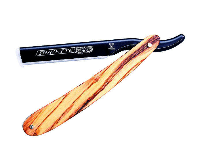 DOVO Shavette Straight Razor – Black Aluminum & Genuine Olive Wood Handle - Image 2