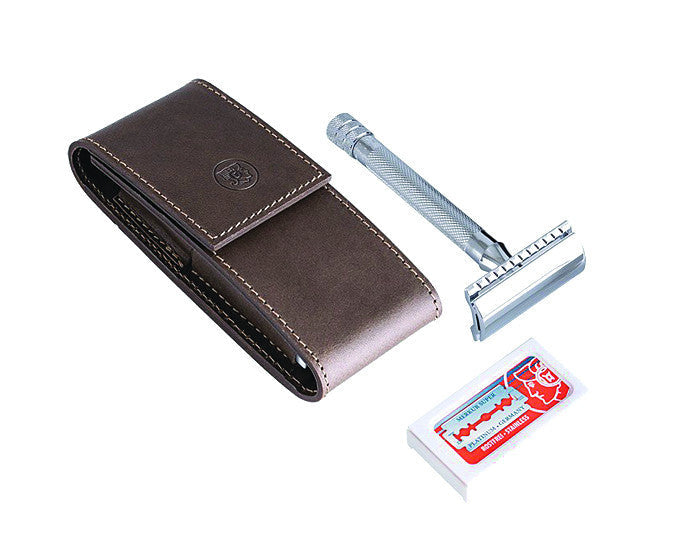 DOVO Solingen Travel Shave Set - Merkur Razor & Khaki Leather Pouch - Image 2