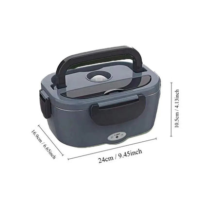 Gray electric lunch box with dimensions on a white background