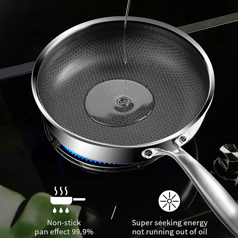 Premium 26/28cm Stainless Steel Frying Pan – Food Grade 304 Non-Stick Honeycomb Skillet with Glass Lid, Works on Gas & Induction Stoves