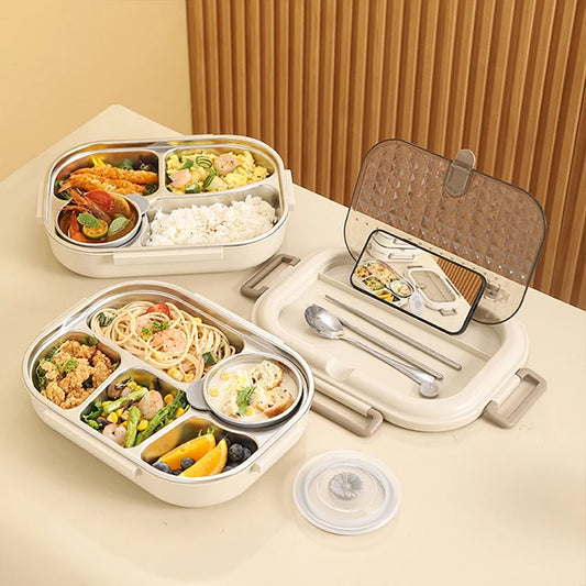 Premium 304 Stainless Steel Lunch Box – 4 Compartments, Leak-Proof, Eco-Friendly, Reusable Food Storage for Adults & Kids