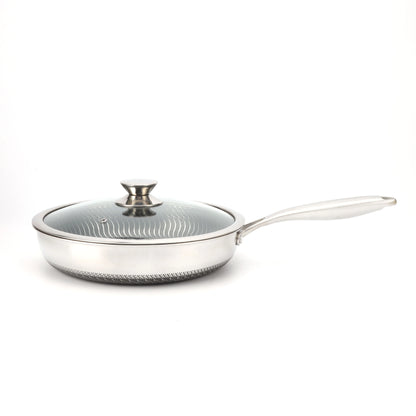 Premium 26/28cm Stainless Steel Frying Pan – Food Grade 304 Non-Stick Honeycomb Skillet with Glass Lid, Works on Gas & Induction Stoves