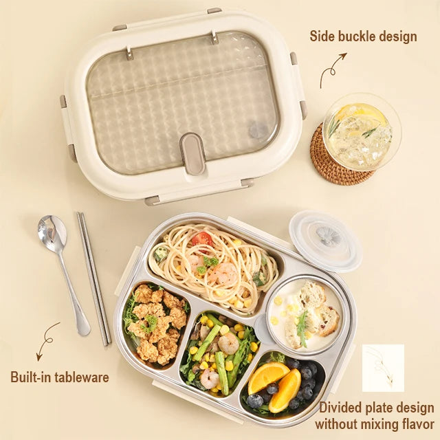 Premium 304 Stainless Steel Lunch Box – 4 Compartments, Leak-Proof, Eco-Friendly, Reusable Food Storage for Adults & Kids