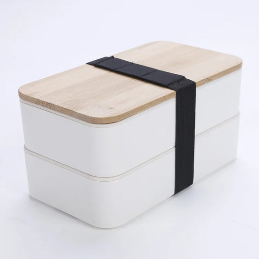 2-Layer Food Storage Container Portable Worker Student Wheat Straw Bento Lunch Box with Bamboo Lid Kitchen Utensils