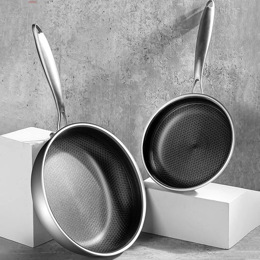 Premium 26/28cm Stainless Steel Frying Pan – Food Grade 304 Non-Stick Honeycomb Skillet with Glass Lid, Works on Gas & Induction Stoves