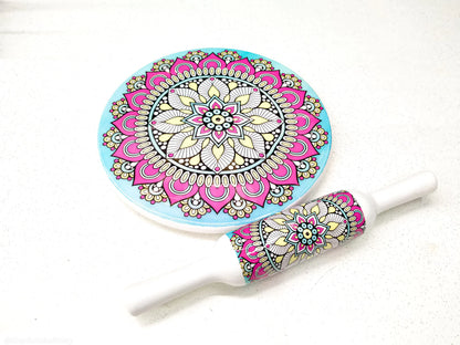 Handcrafted White Marble Roti Maker with Wooden Belan Enamel Prints | Indian Chakla Belan 10 Inch with Diameter