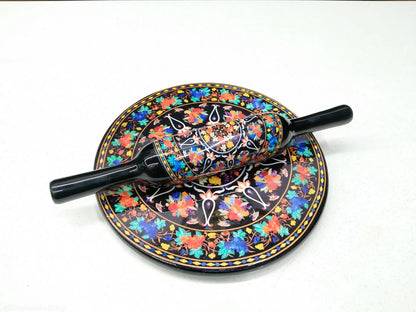 Handcrafted White Marble Roti Maker with Wooden Belan Enamel Prints | Indian Chakla Belan 10 Inch with Diameter