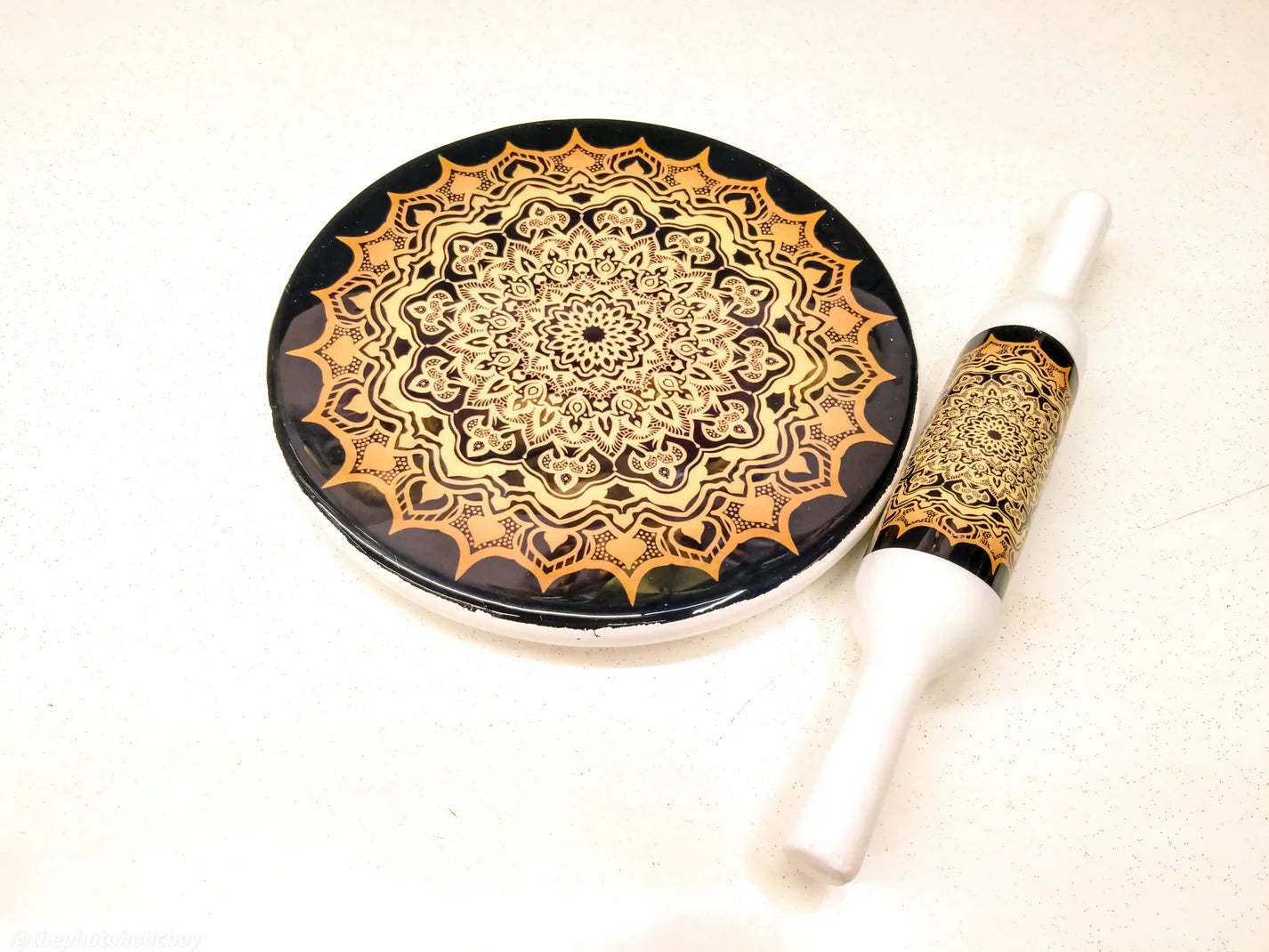 Handcrafted White Marble Roti Maker with Wooden Belan Enamel Prints | Indian Chakla Belan 10 Inch with Diameter - Image 10