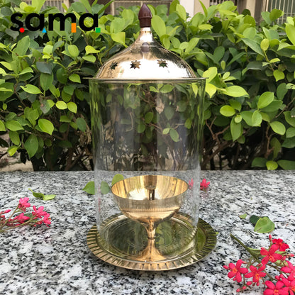 Sama Homes Brass Akhand Jyot Diya with Molded Glass Cover | Oil Pooja Lamp | Diwali night Diya - Sama Homes