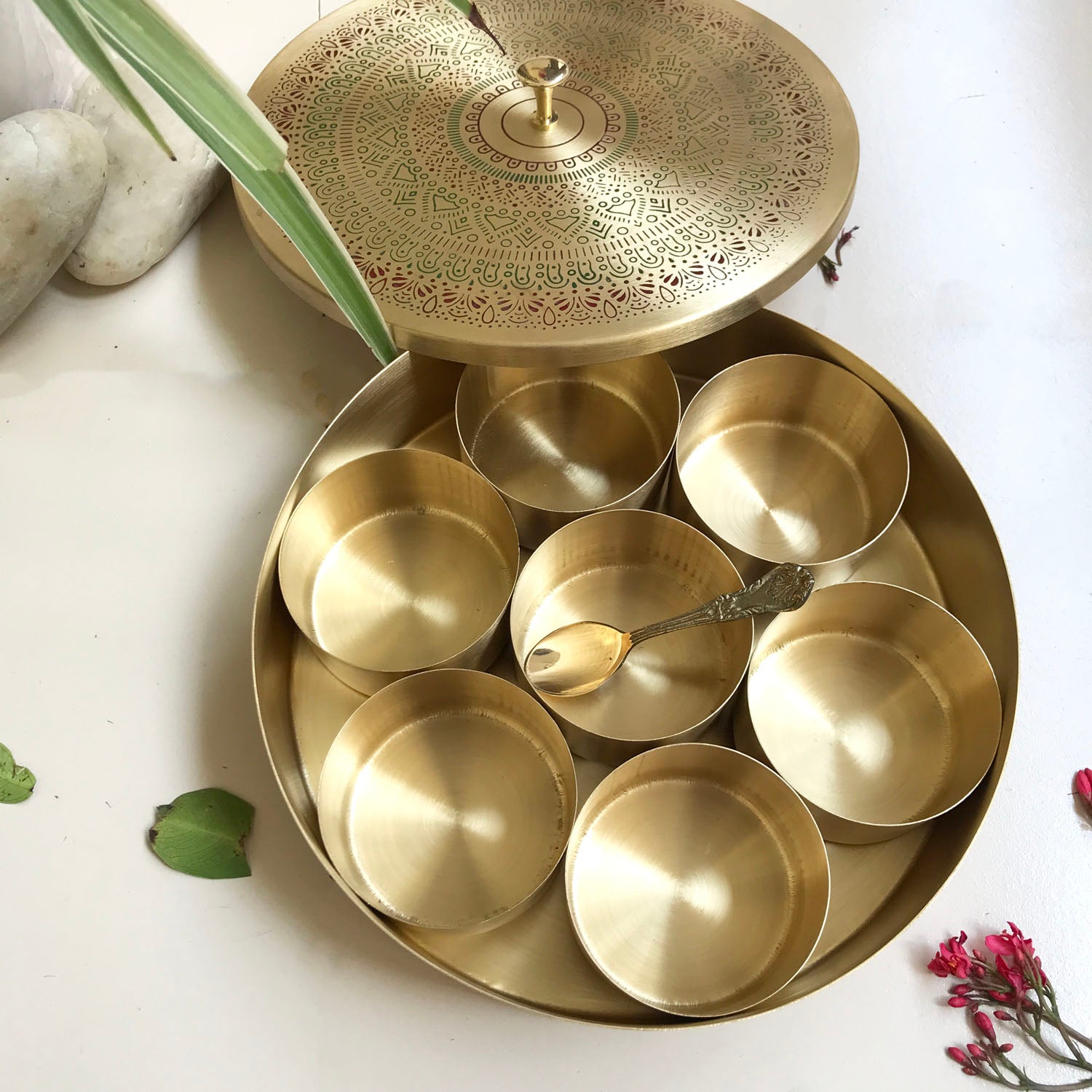 Brass Spice Box with 7 compartmeent & Spoon 
 - Image 5