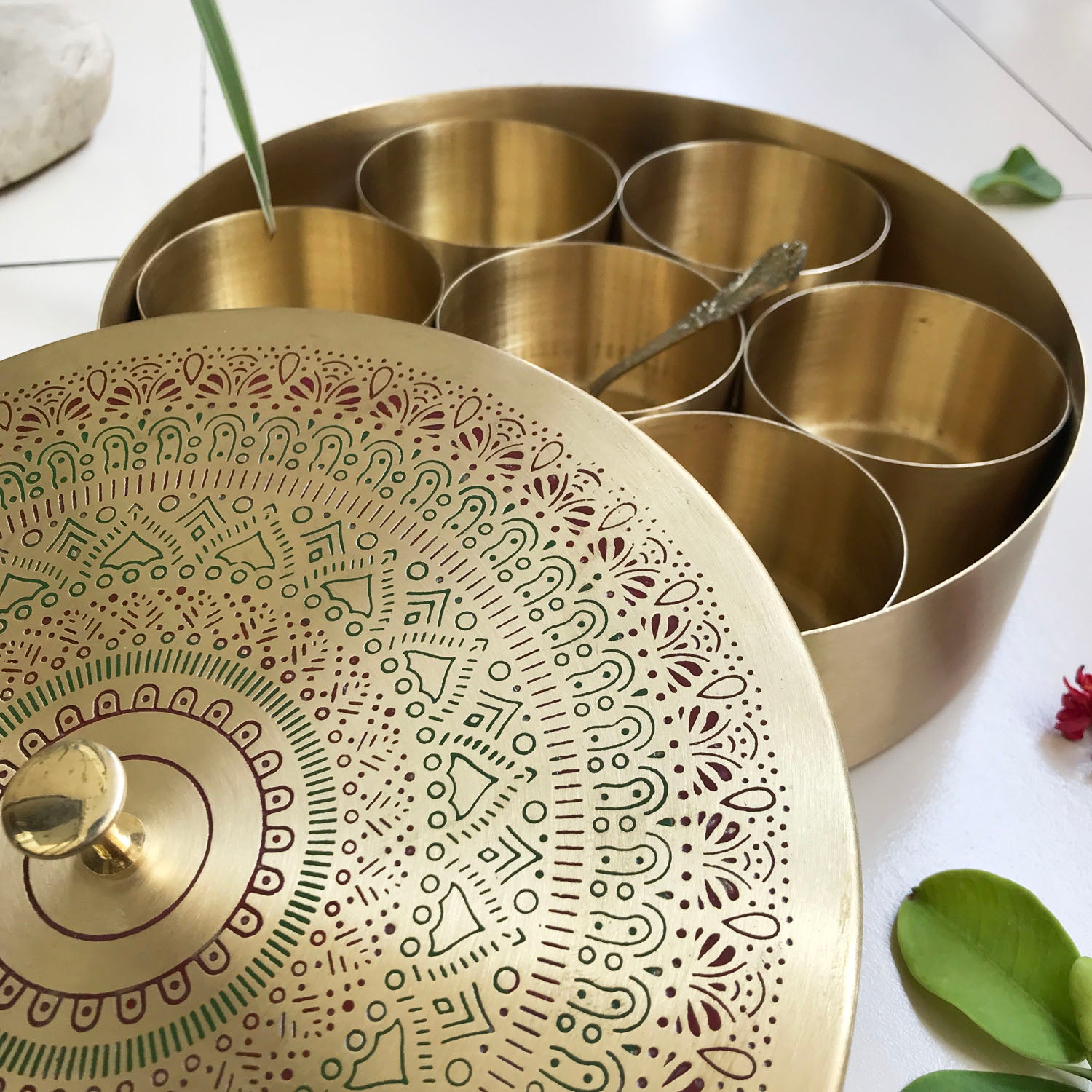 Brass Mandla Design Spice Box with sp - Image 8