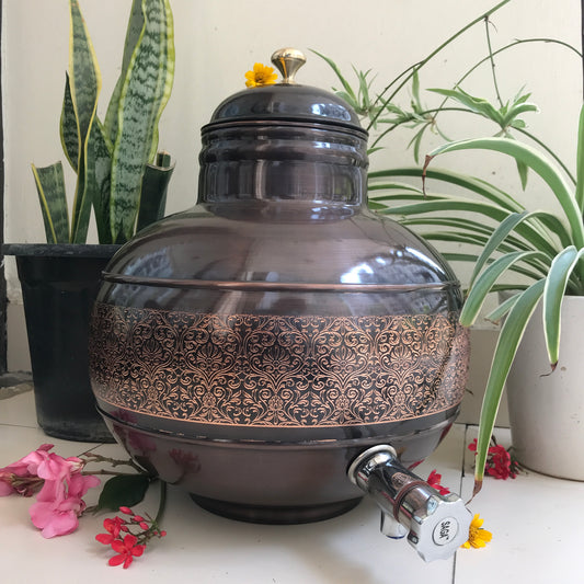 Pure Copper Water Dispenser Antique Engraved Ghada/Pot Capacity - Sama Homes